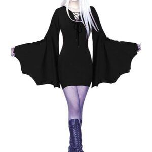 Women's Black Halloween Long Wide Sleeves Addams Costume Wrap Gothic Witch Dress